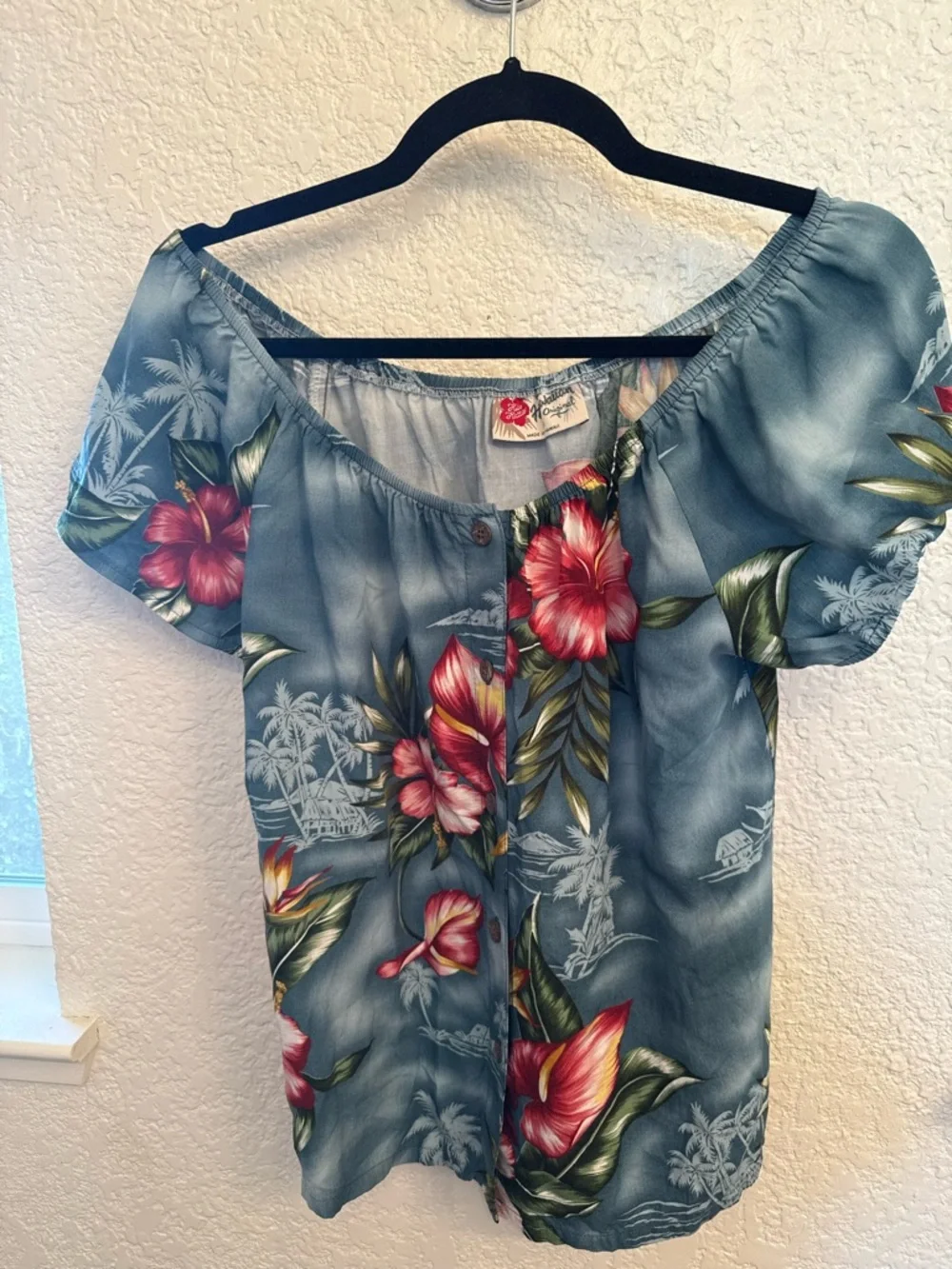 Hilo Hattie Hawaiian Tropical Blue Shoulder Blouse Vintage & Authentic Size XS - Picture 5 of 16